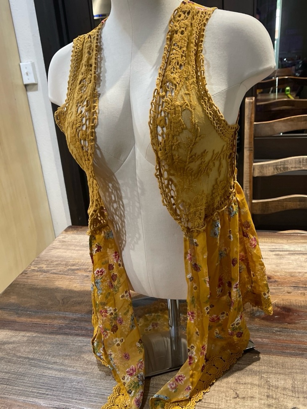 No Boundaries Mustard Yellow Floral Tie-Front Vest